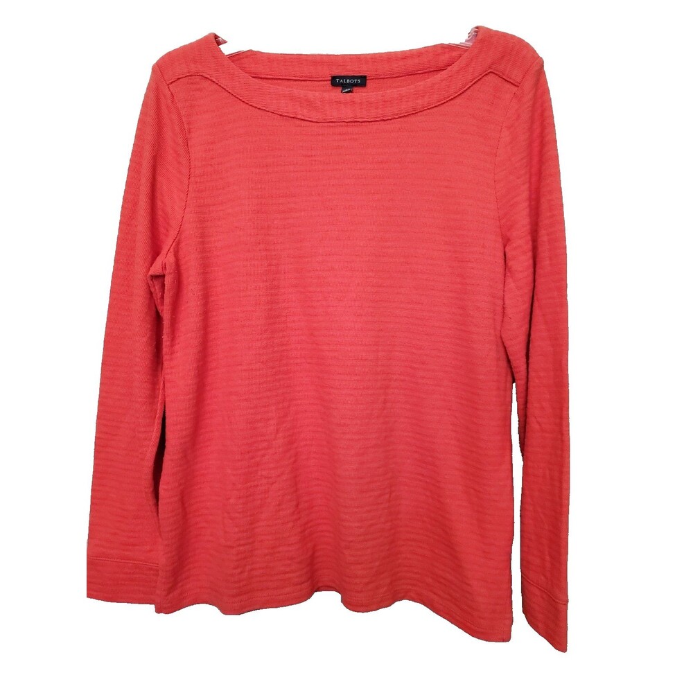 Talbots Cotton Blend Textured Orange Long Sleeve Boat Neck Blouse Size Large